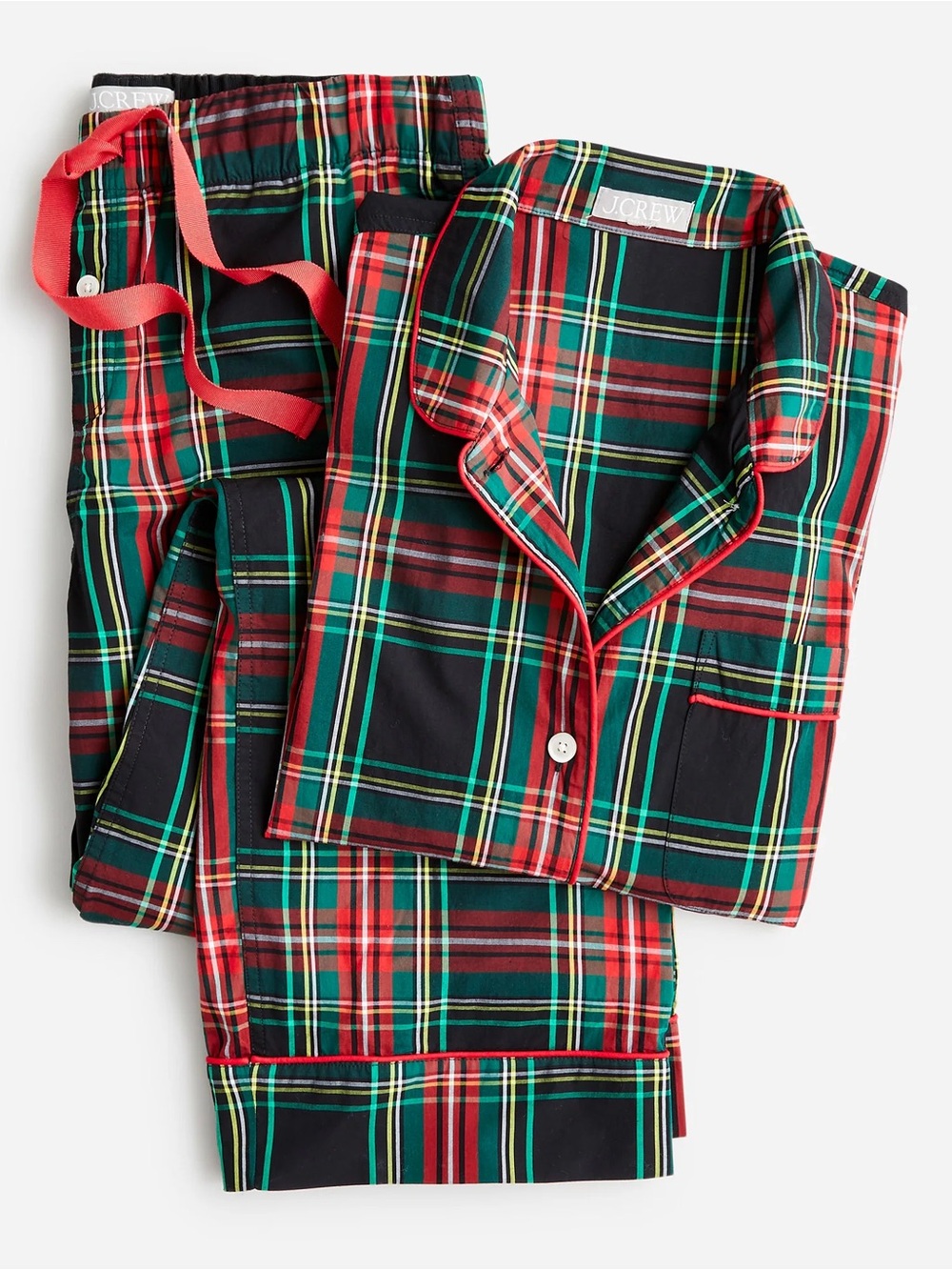 J. Crew Long-sleeve cotton poplin pajama set in black Stewart tartan | L